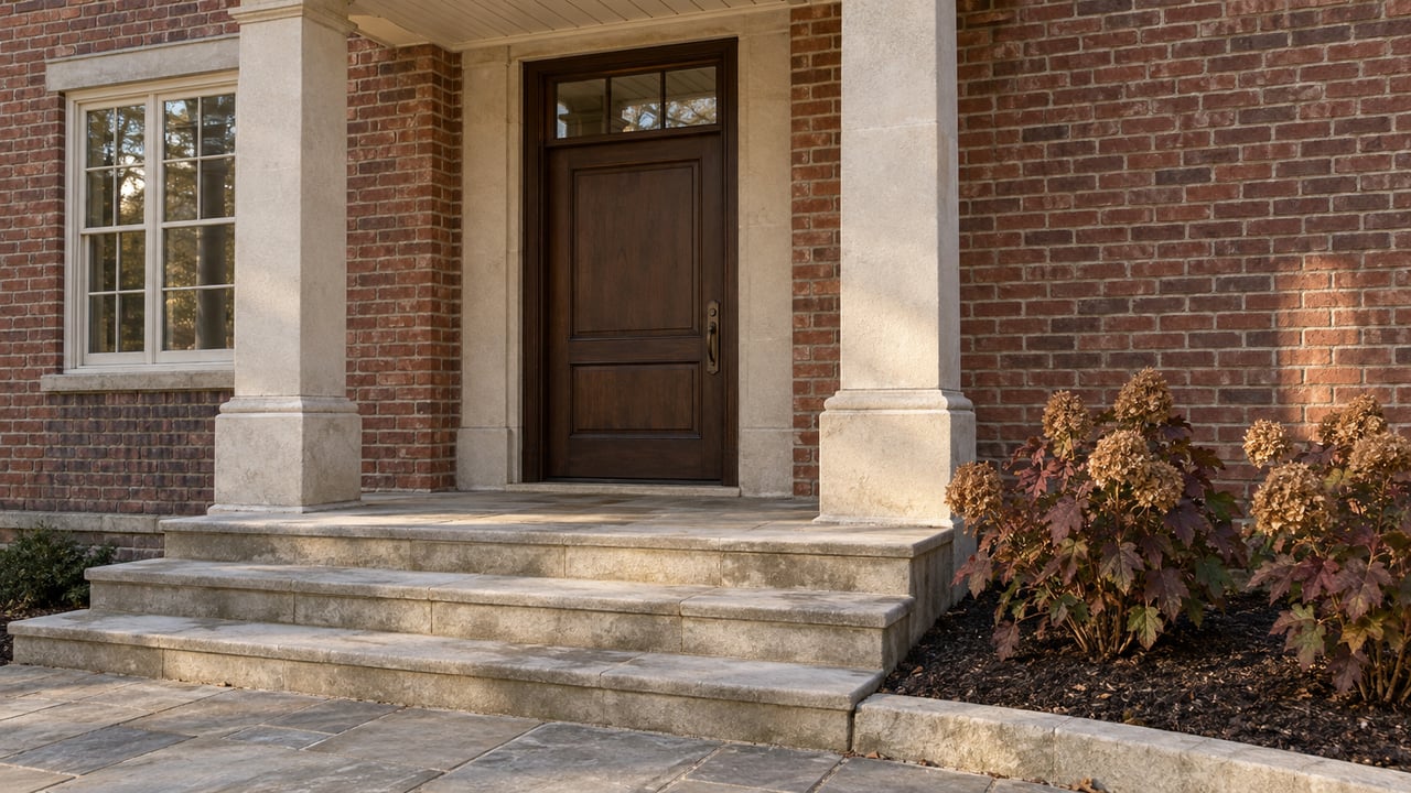Brick home entrance with a closed oak door, limestone columns and broad stone steps beside autumn oakleaf hydrangeas.