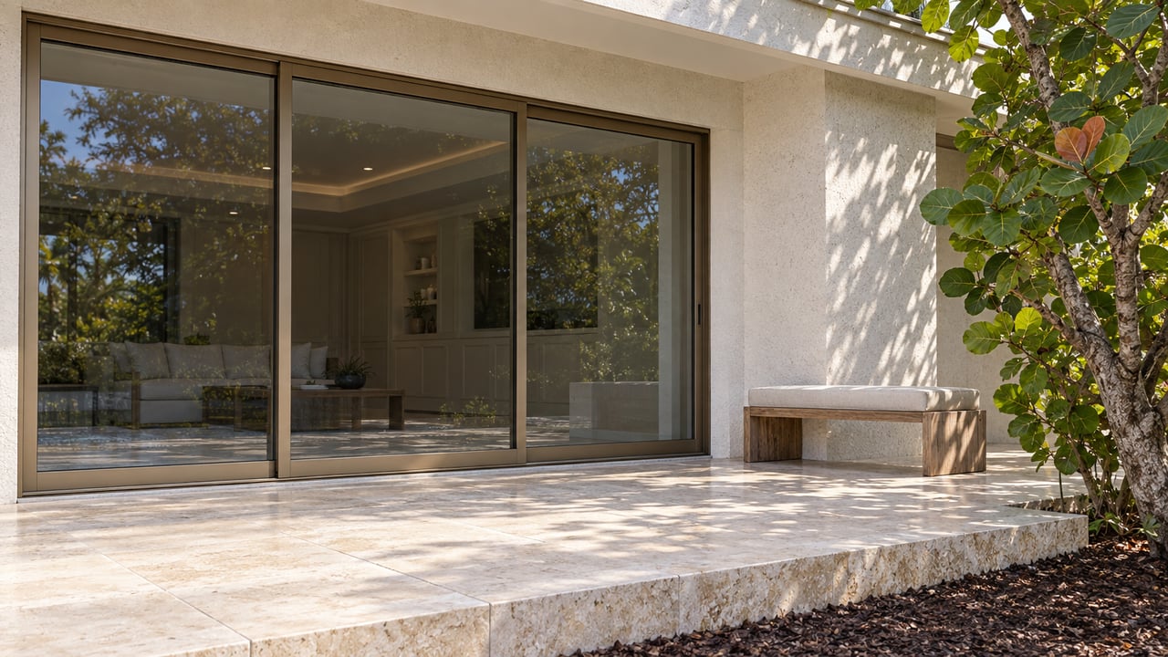Sunlit limestone terrace beside a stucco home, with bronze-framed glass doors, a teak bench and a sea grape tree.