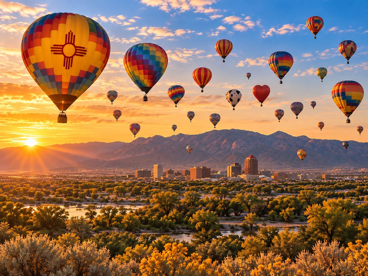 Hot air balloons rise over Albuquerque and the Sandia Mountains at sunrise.
