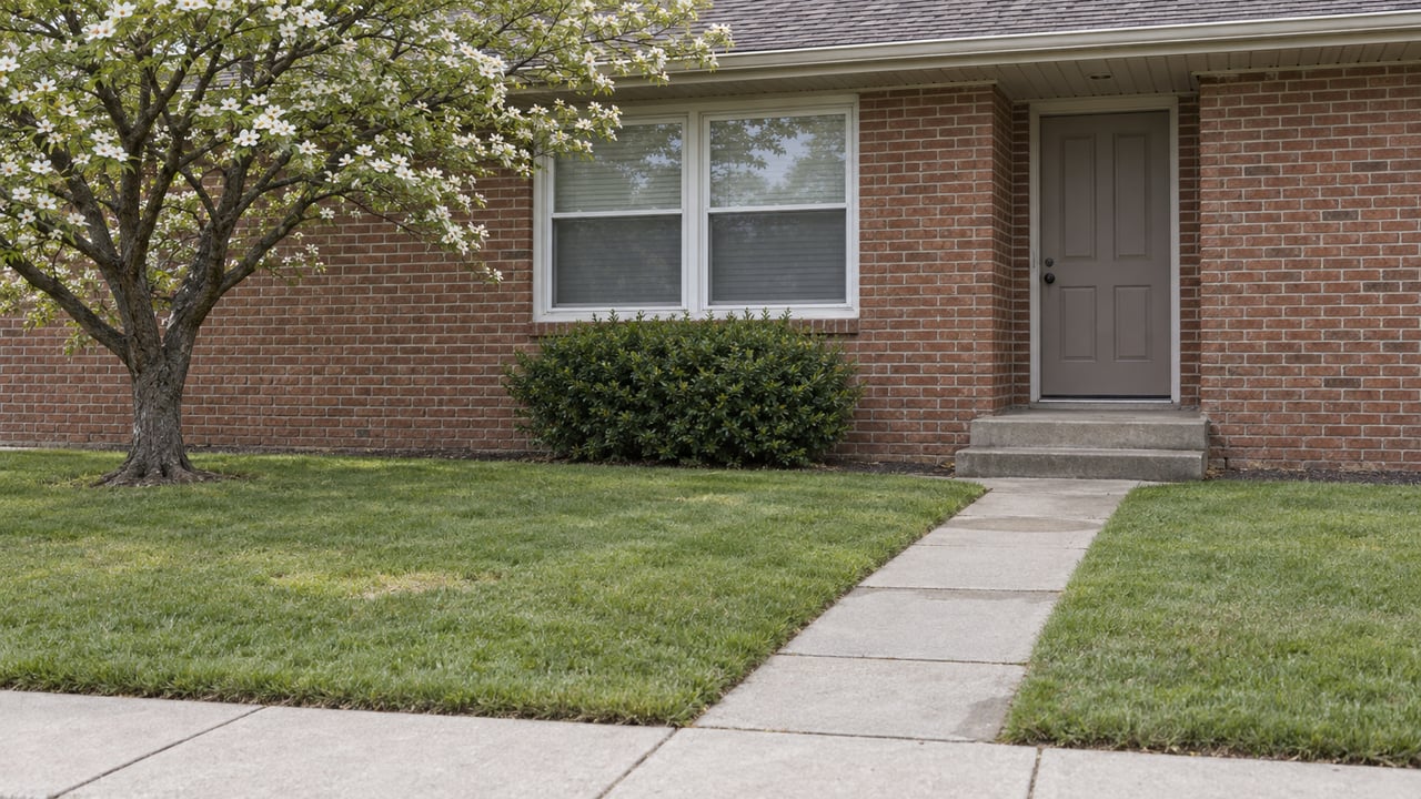 Brick house with a recessed taupe door, two-sash window, deep lawn, and concrete walk to the sidewalk.