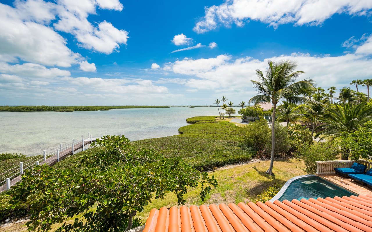 Waterfront home with a backyard pool, mangroves, and a dock overlooking a calm bay.
