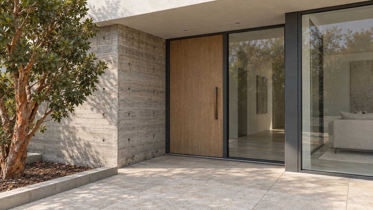 Contemporary home's recessed oak entrance beside dark-framed glazing, board-formed concrete and a sculptural strawberry tree.