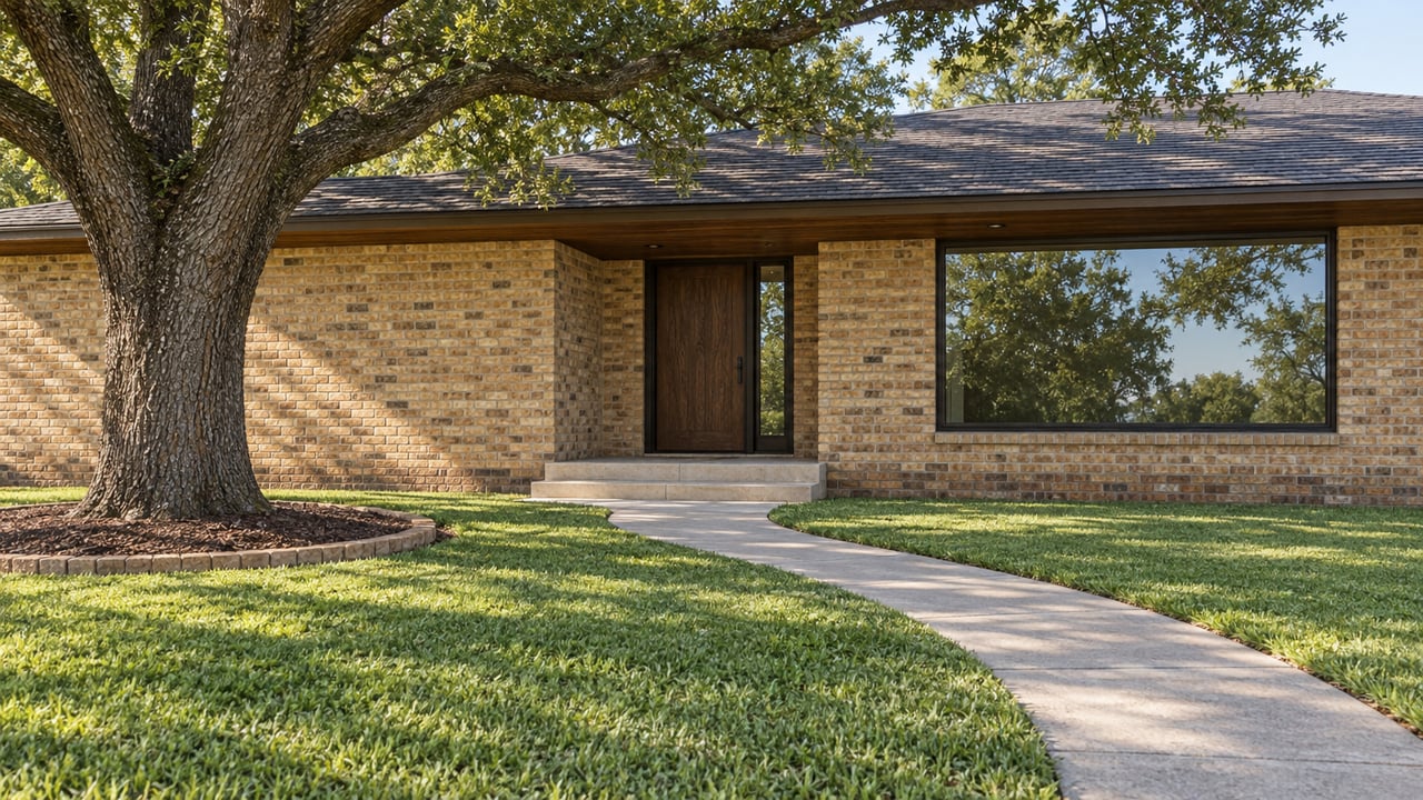 A low buff-brick home with a recessed timber entry, broad picture window and limestone steps beyond a deep lawn and mature live oak.