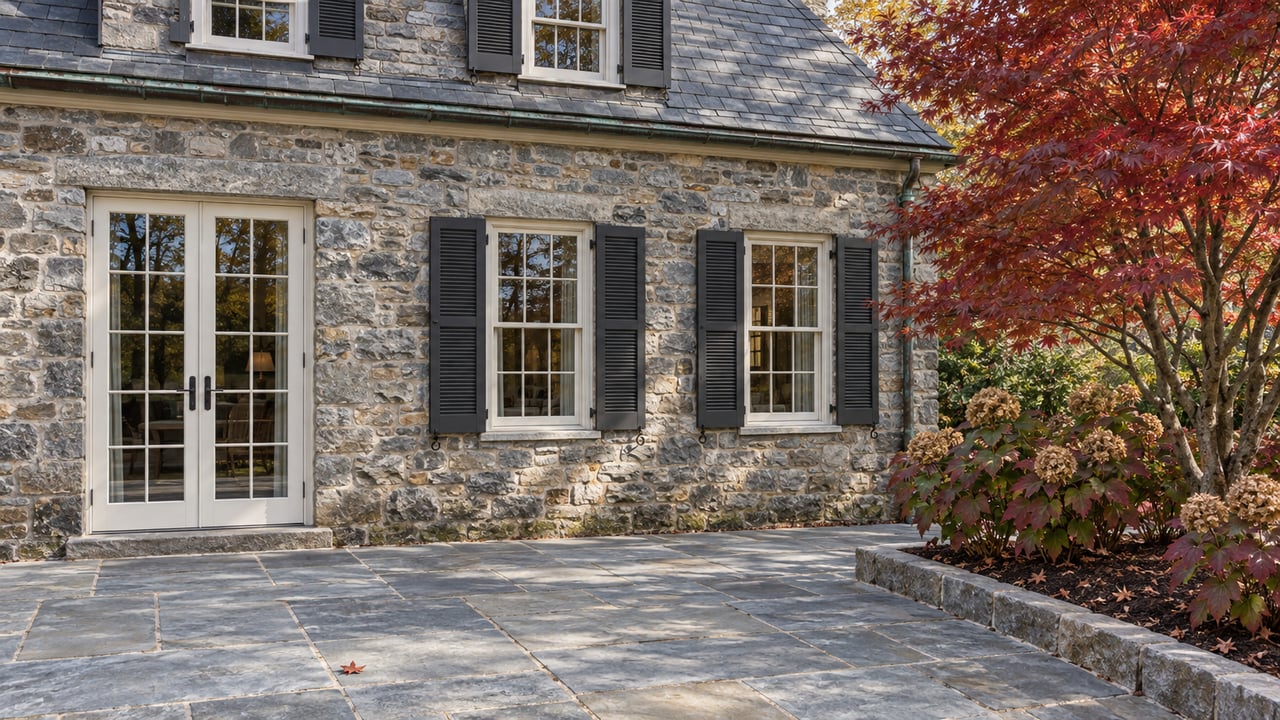 Sunlit stone house with ivory French doors, paired sash windows, a flagstone terrace and autumn planting.