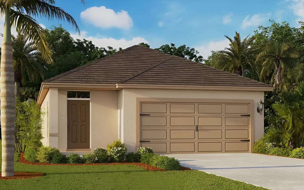 Single-story stucco home with a tile roof, two-car garage, and palm landscaping.
