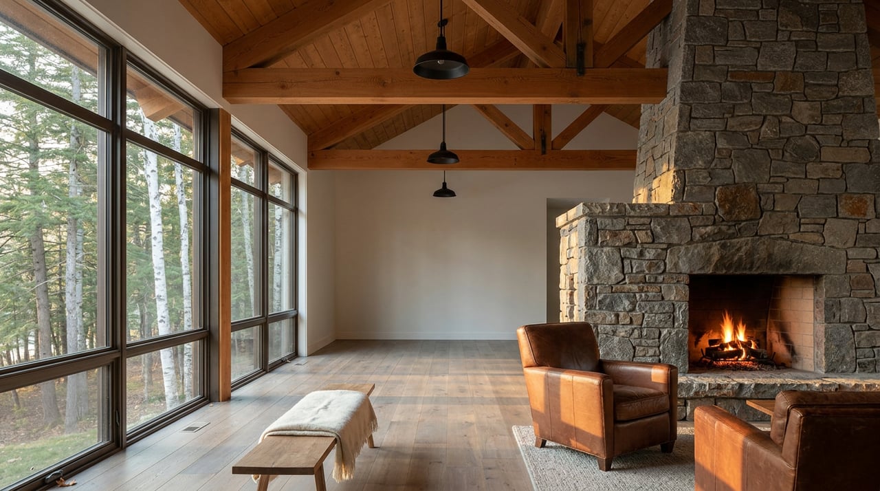 Mountain great room with timber trusses, a stone hearth fire, leather armchair, and windows overlooking trees.