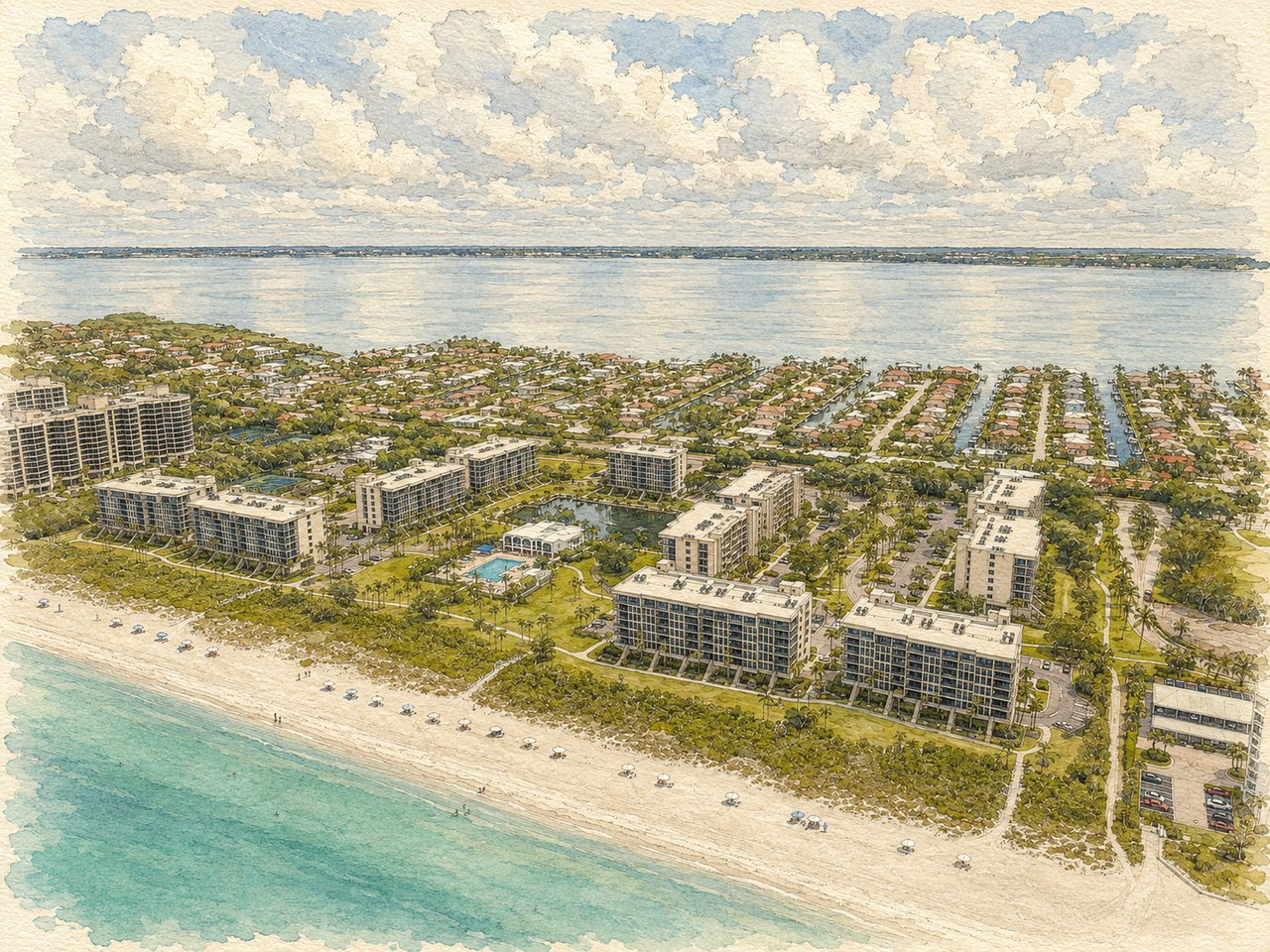 Aerial illustration of beachfront condominiums, a pool, and sandy shoreline beside turquoise water.