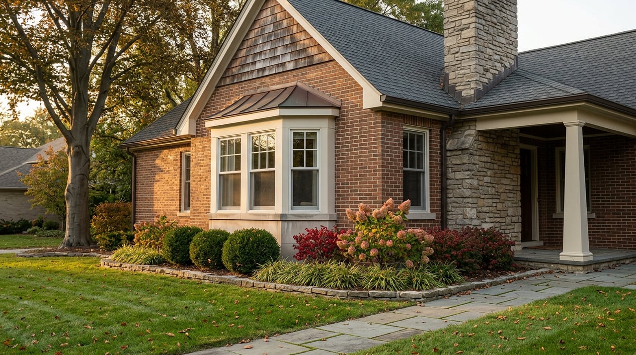 Brick house corner with a wraparound porch, bay window, fieldstone chimney, and autumn leaves along a bluestone path.