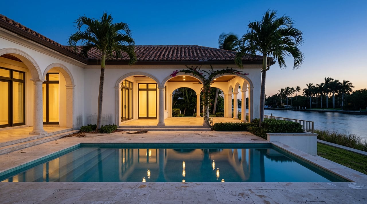 Waterfront terrace with pool, arched loggia, glowing glass doors, and palms against a blue-hour sky.