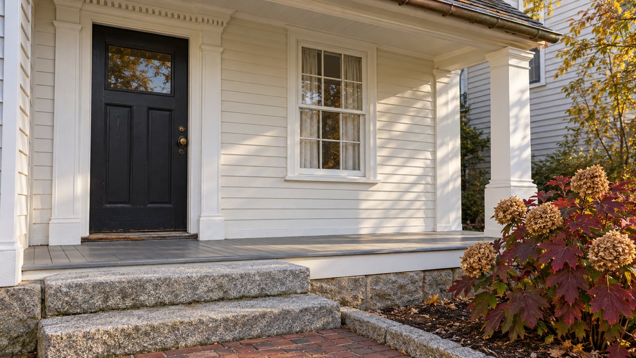 Autumn daylight on an ivory clapboard home's black front door, tall sash window and weathered granite entry steps beside an oakleaf hydrangea.