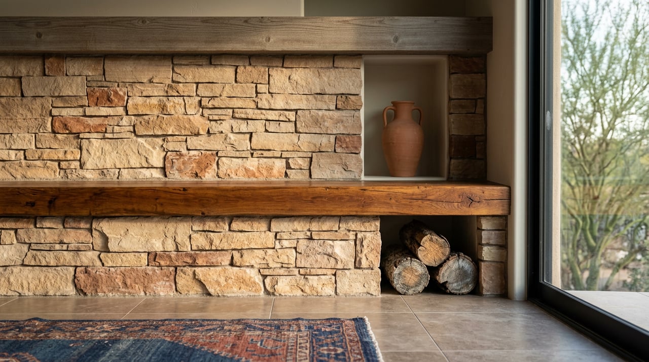 Stacked buff-and-rust stone fireplace with a mesquite mantel, terra-cotta vessel, and black-framed window.