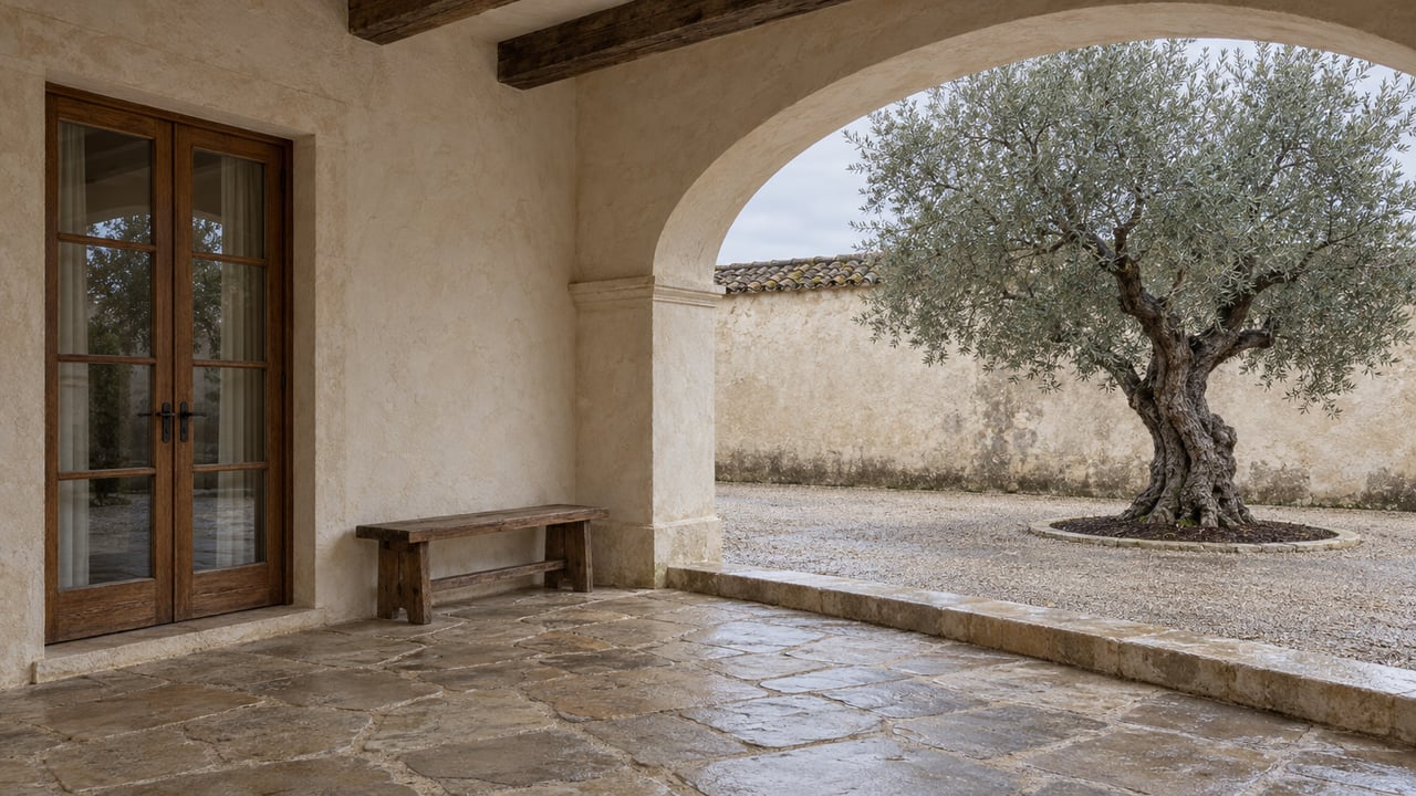 An ivory stucco arch shelters worn flagstone and closed oak-framed doors beside a damp gravel courtyard with a sculptural olive tree.