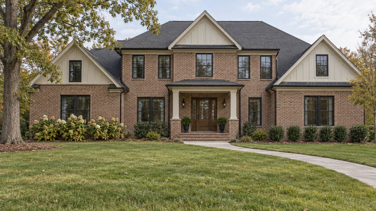 Substantial two-story brick home with layered gables, a deep front lawn, and an oak tree in soft autumn daylight.