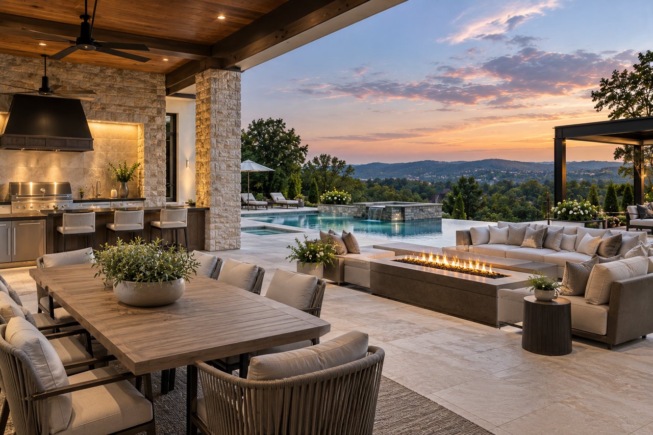 Luxury home outdoor living space featuring an infinity pool, outdoor kitchen, covered dining area, fire pit, and upscale lounge seating overlooking scenic Tennessee hills.