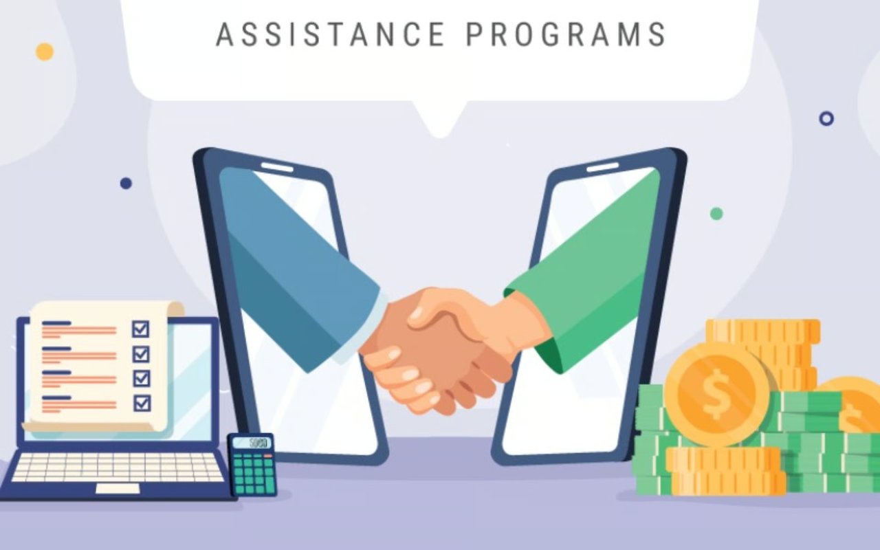 Down payment assistance illustration with a handshake between phones, a checklist, calculator, and stacks of money.