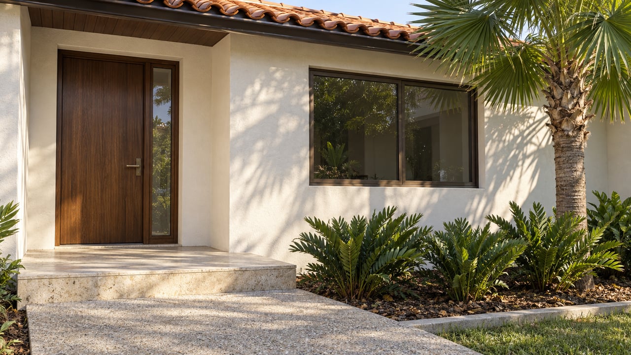 Morning light across a white stucco home's timber entrance, clay tile eave and limestone step beside a fan palm and coonties.