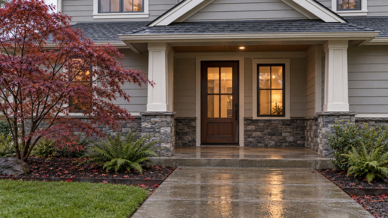 Suburban home with a glazed wood entry, stone base, wet walkway, and Japanese maple beside the porch.