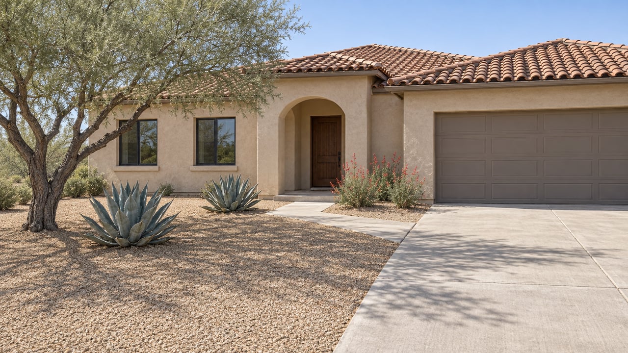 Cream stucco home with terracotta roof, recessed arched entry and a spacious gravel forecourt planted with an ironwood tree and sculptural agaves.