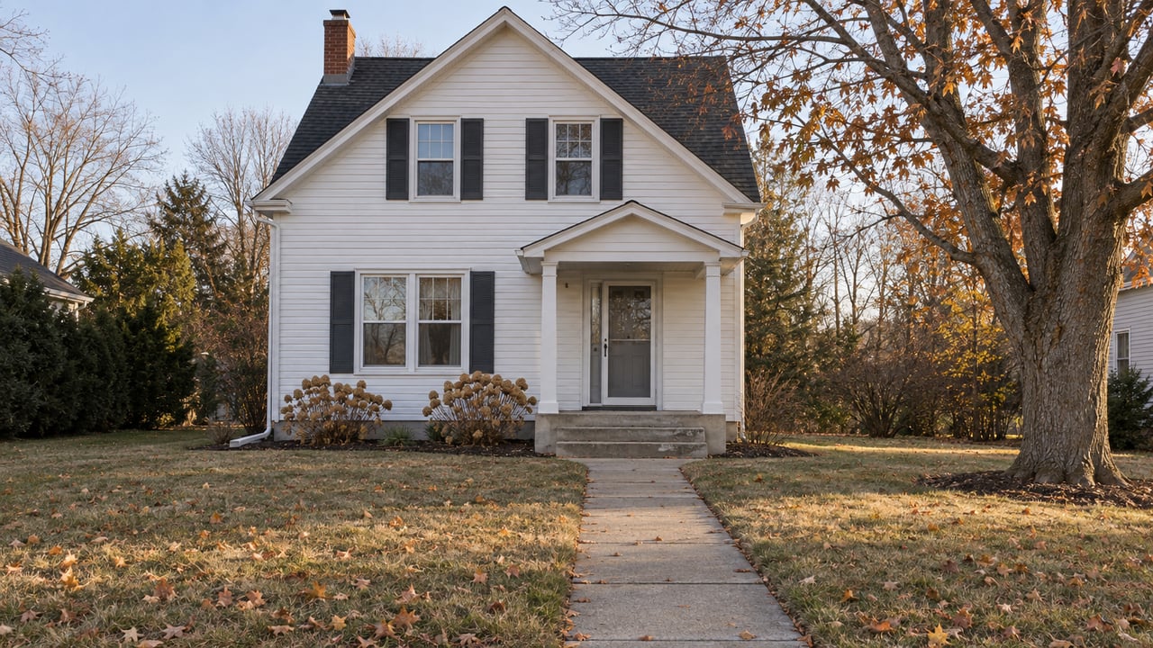 White two-story gabled house with a covered entry, deep autumn lawn, and a mature maple in low afternoon light.