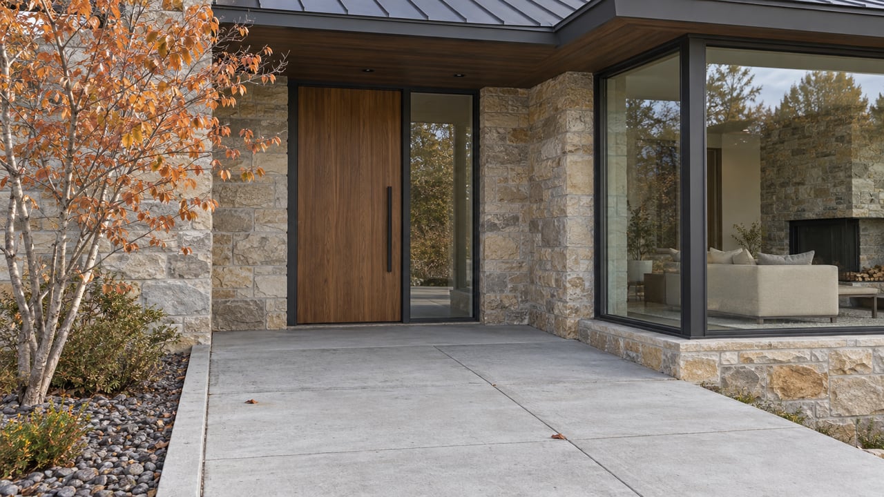 Contemporary home's sheltered timber entrance and tall glazing beside a sandstone wall, with a concrete approach and copper-leaved serviceberry.
