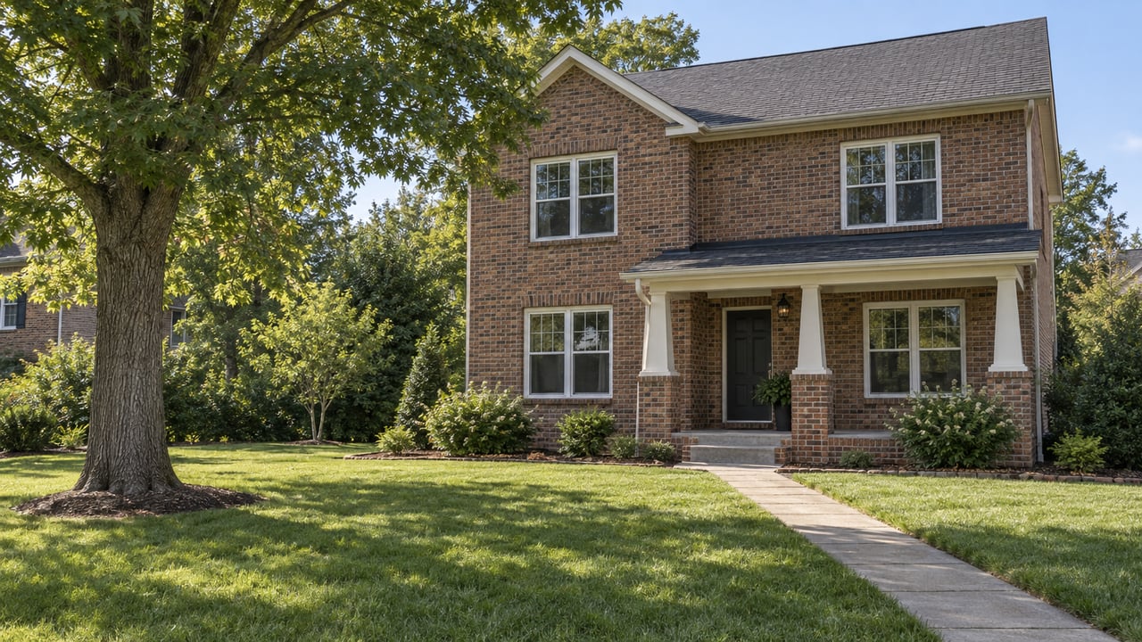 Two-story reddish-brown brick house with a low porch, straight walkway, broad lawn, and oak tree.