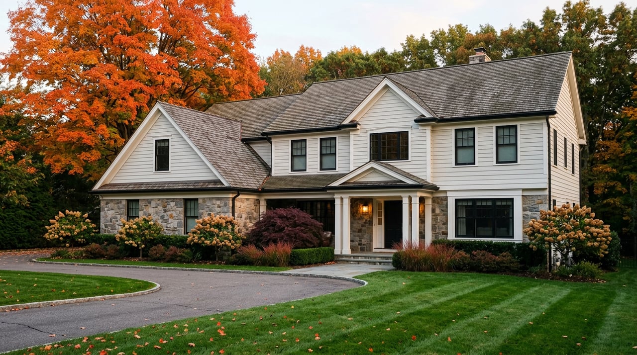 Two-story stone-and-clapboard home with a curved driveway, striped lawn, and orange-red fall foliage.