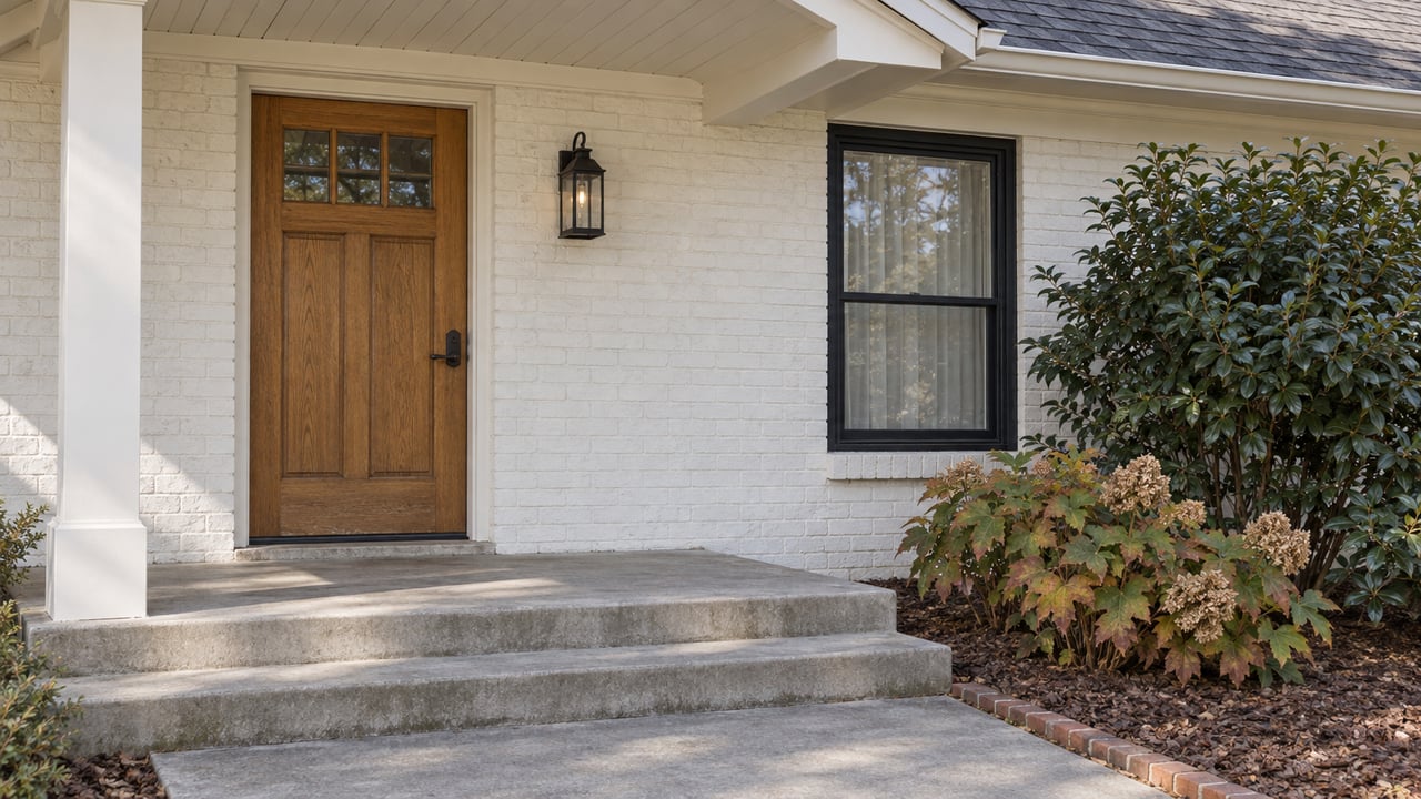 Sunlit covered entry with an oak front door, white-painted brick, concrete steps and autumn oakleaf hydrangeas.