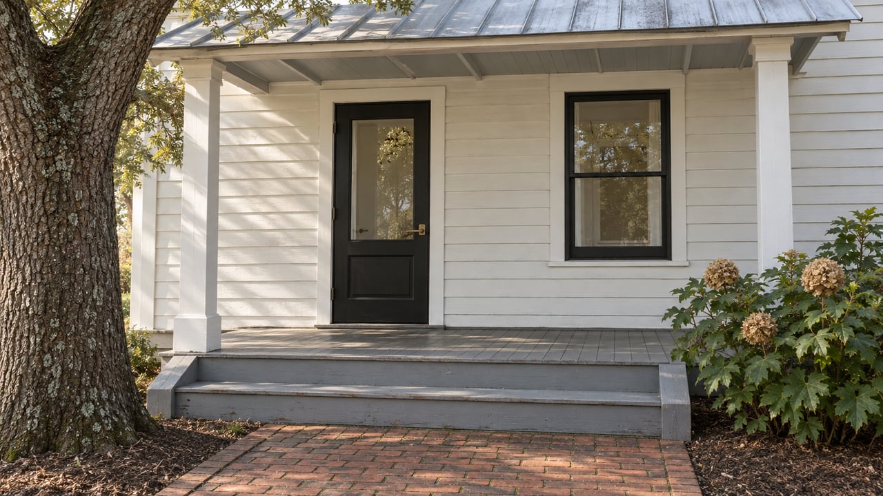 Morning light on a white clapboard cottage porch with a black glazed door, gray wooden steps and a weathered brick path beside oakleaf hydrangea.