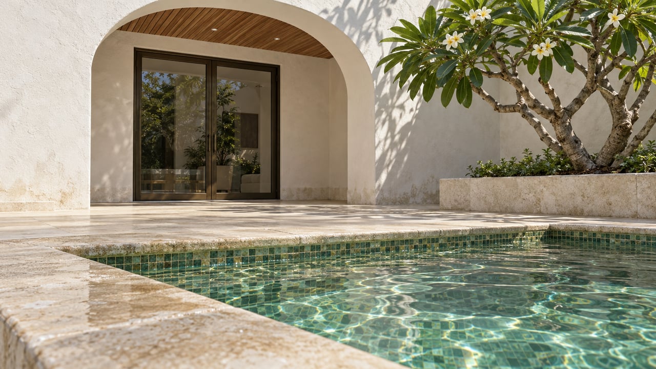 Green mosaic pool beneath pale limestone coping, facing a white-stucco arch with bronze-framed glass doors and a flowering plumeria in a stone planter.