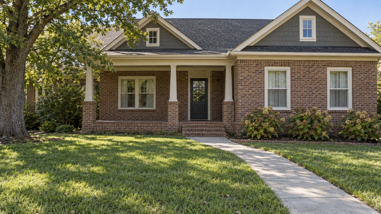 Red-brown brick home with cream porch posts, gabled roofs, a deep front lawn and mature white oak.