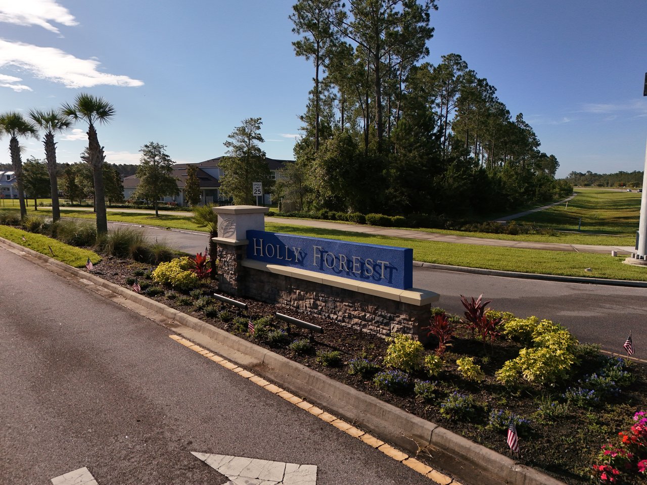 Holly Forest entrance sign beside a landscaped road, with palm trees and pines behind it.