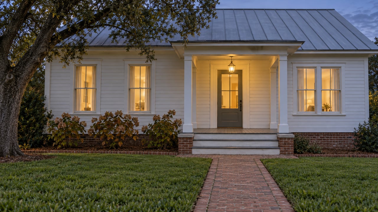 White timber home with a silver metal roof, softly glowing sash windows, and a brick path across a deep lawn at dusk.