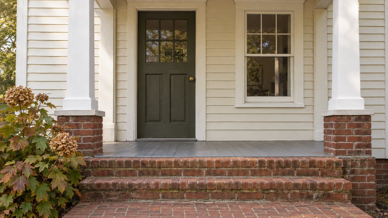 Historic home's olive front door, cream clapboard porch and worn red-brick steps beside autumn oakleaf hydrangea.