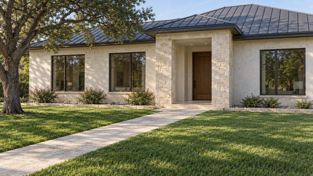 Stone and ivory stucco home with a metal roof, recessed entry, deep lawn and a mature live oak.