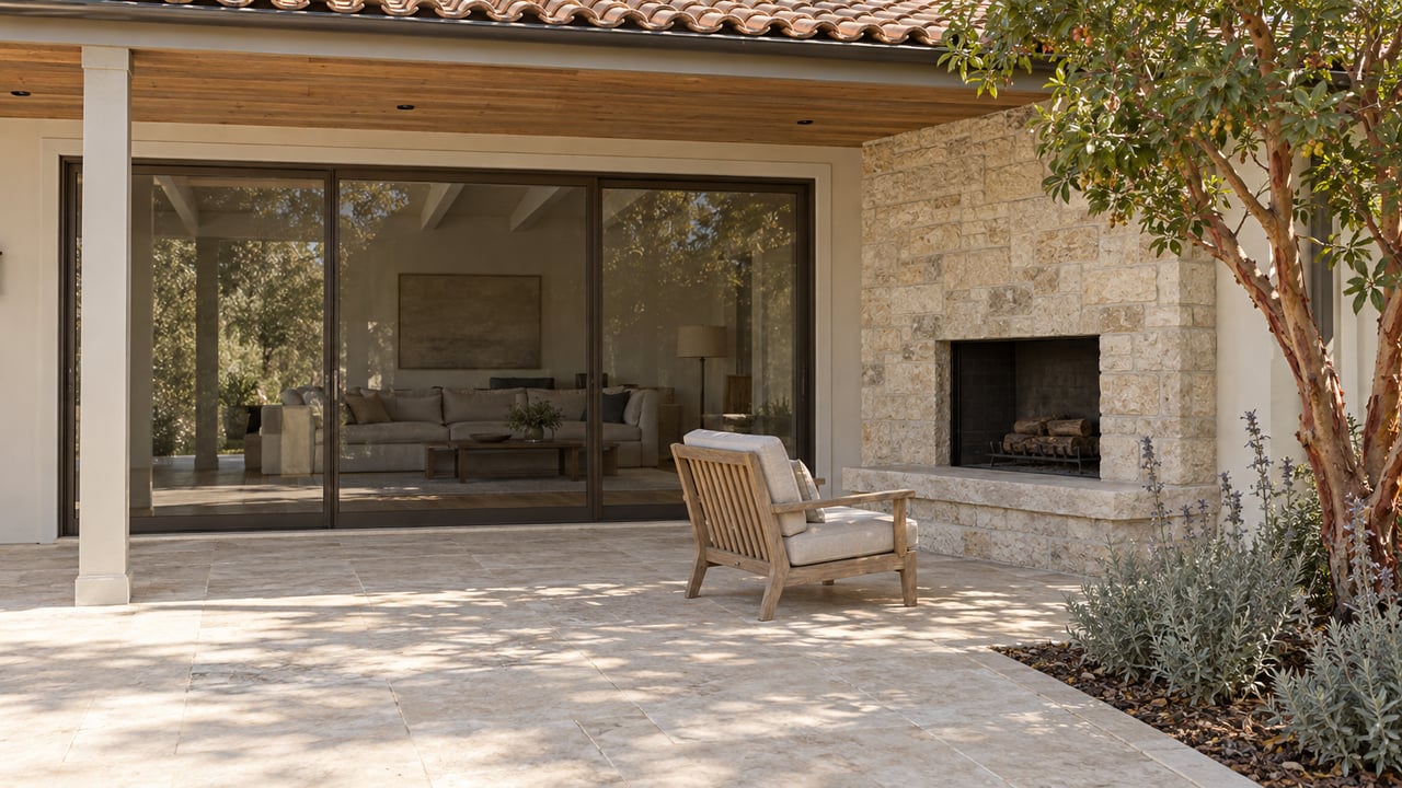 Covered terrace with wood soffit, closed bronze-framed glass doors, limestone fireplace and a teak lounge chair beside a strawberry tree.