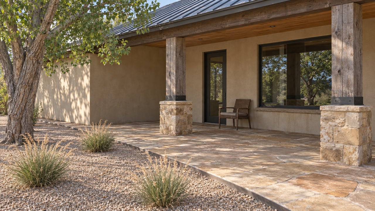 Timber porch and sandstone terrace beside a sand-colored ranch home, with a mature cottonwood and gravel planting bed.