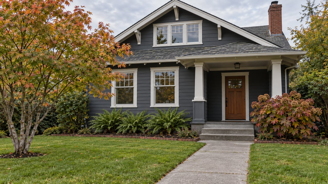 Charcoal Craftsman house with white trim, a brick chimney, and a deep green front lawn bordered by autumn planting.
