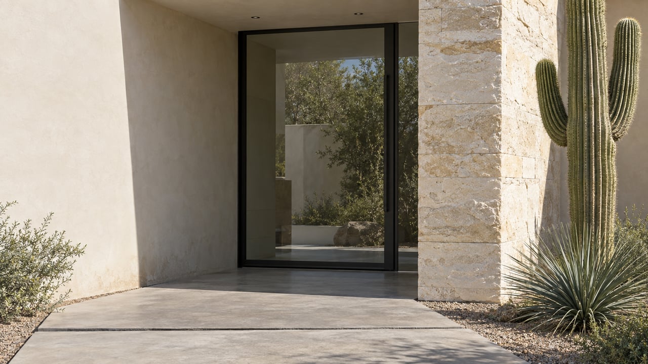 Modern stucco entry with a steel-framed glass door, limestone pier, concrete steps, and saguaro beside the walkway.