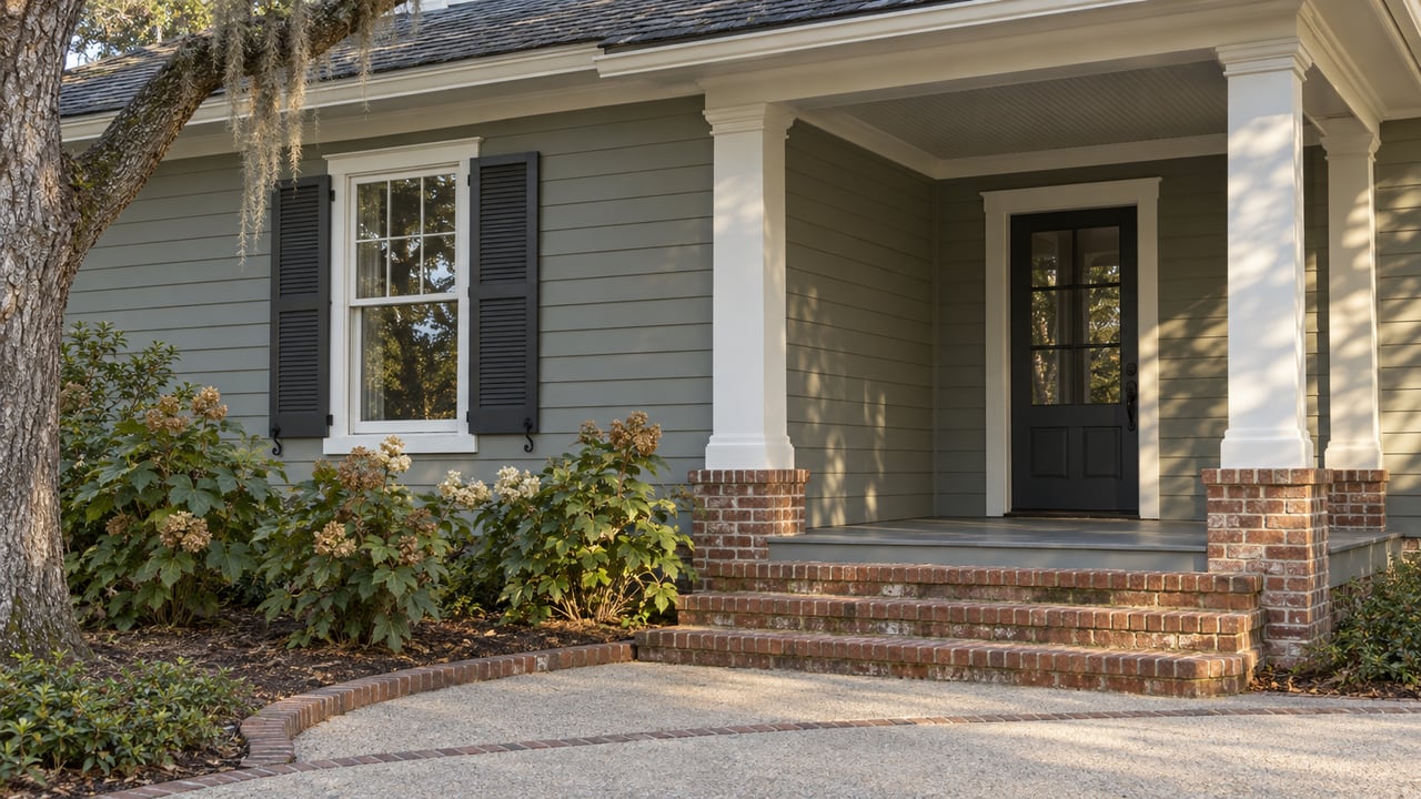 Gray-green lap-sided home with a deep covered porch, dark shutters, weathered brick steps and oakleaf hydrangeas beneath a mature live oak.