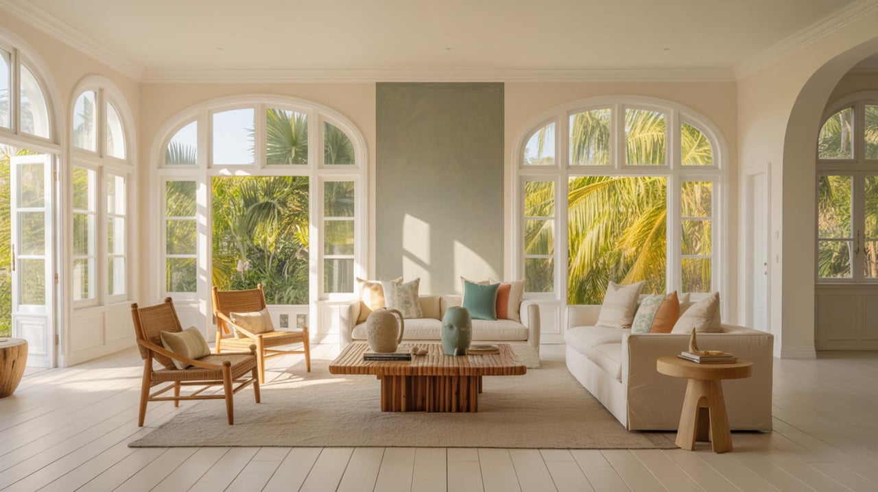 Sunlit living room with arched windows, white sofas, wooden chairs, and palm trees outside.