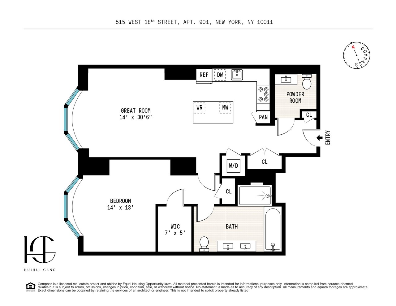 Floor plan of apartment 901, with a large great room, bedroom, and angled bay windows.