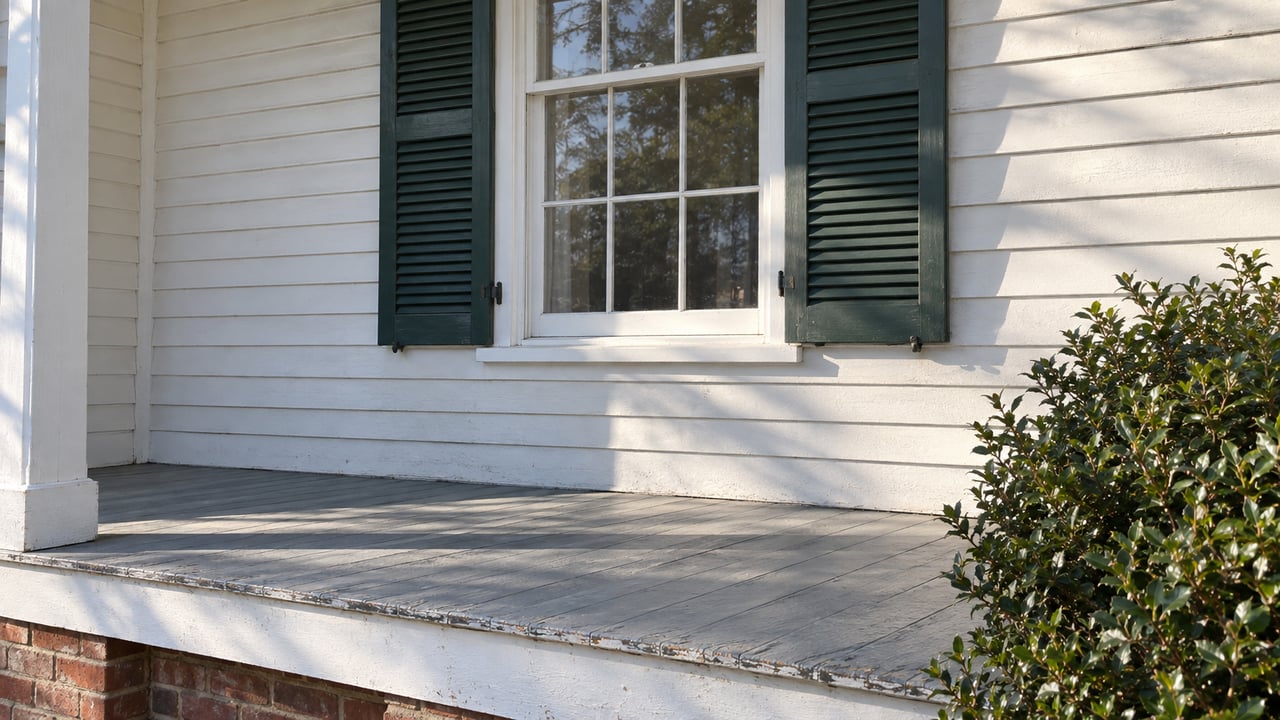 Six-over-six window with dark green shutters above a worn gray porch floor and red brick foundation.