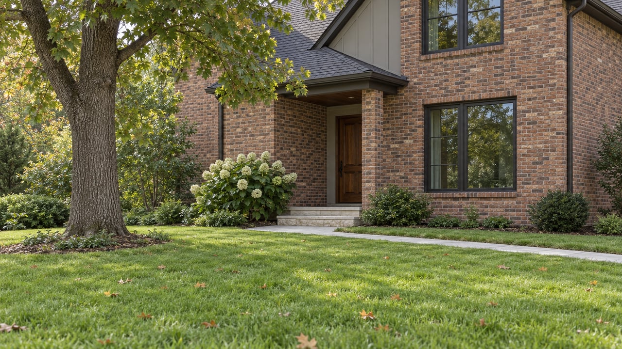 Brick two-story house with dark-framed windows, recessed entry, broad front lawn, and mature oak tree.