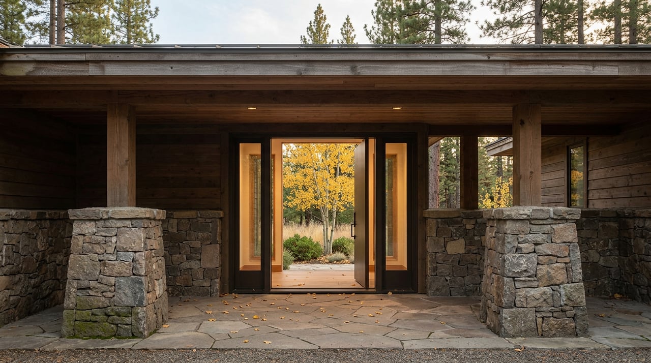 Stone piers frame a bronze pivot door and golden aspen beyond a flagstone entry court.