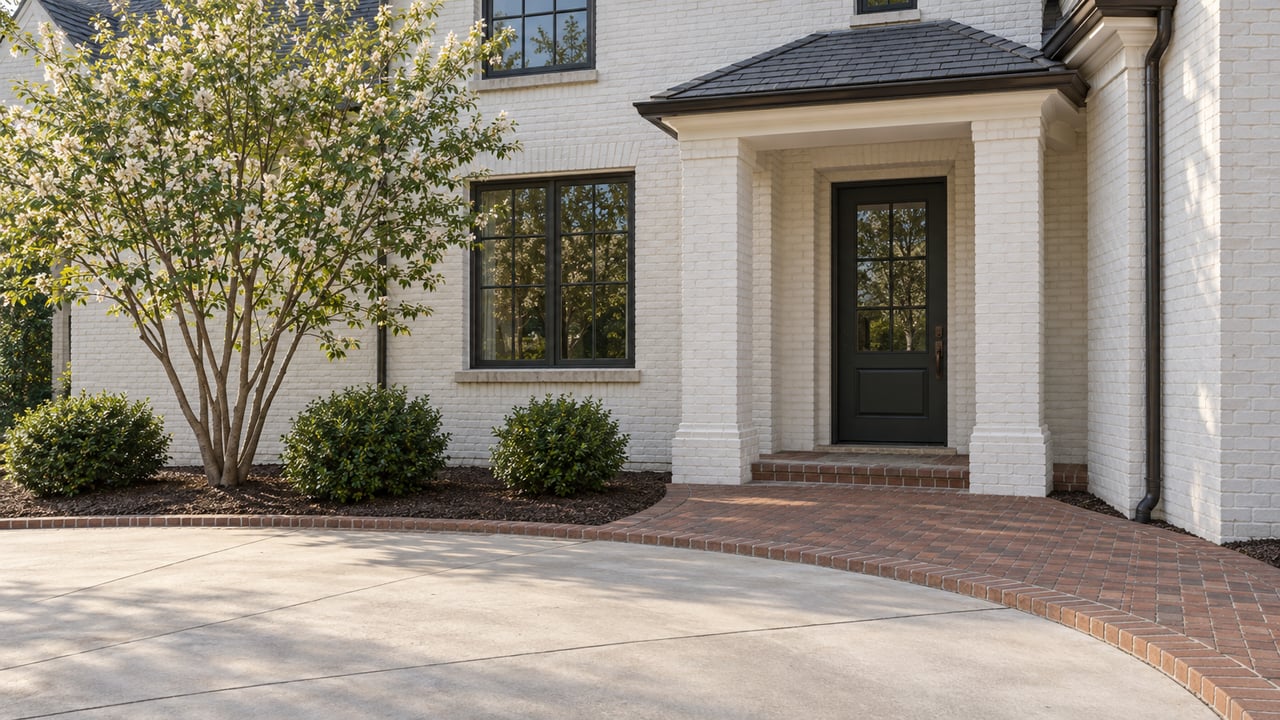 White-brick house entry with a brick portico, curved concrete drive, red-brown paver path, and serviceberry tree.