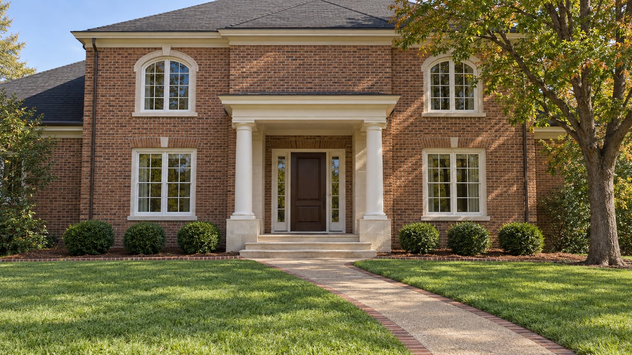 Traditional brick home with a limestone entry, paired white portico columns and arched upper windows, viewed across a broad lawn and edged concrete walk.