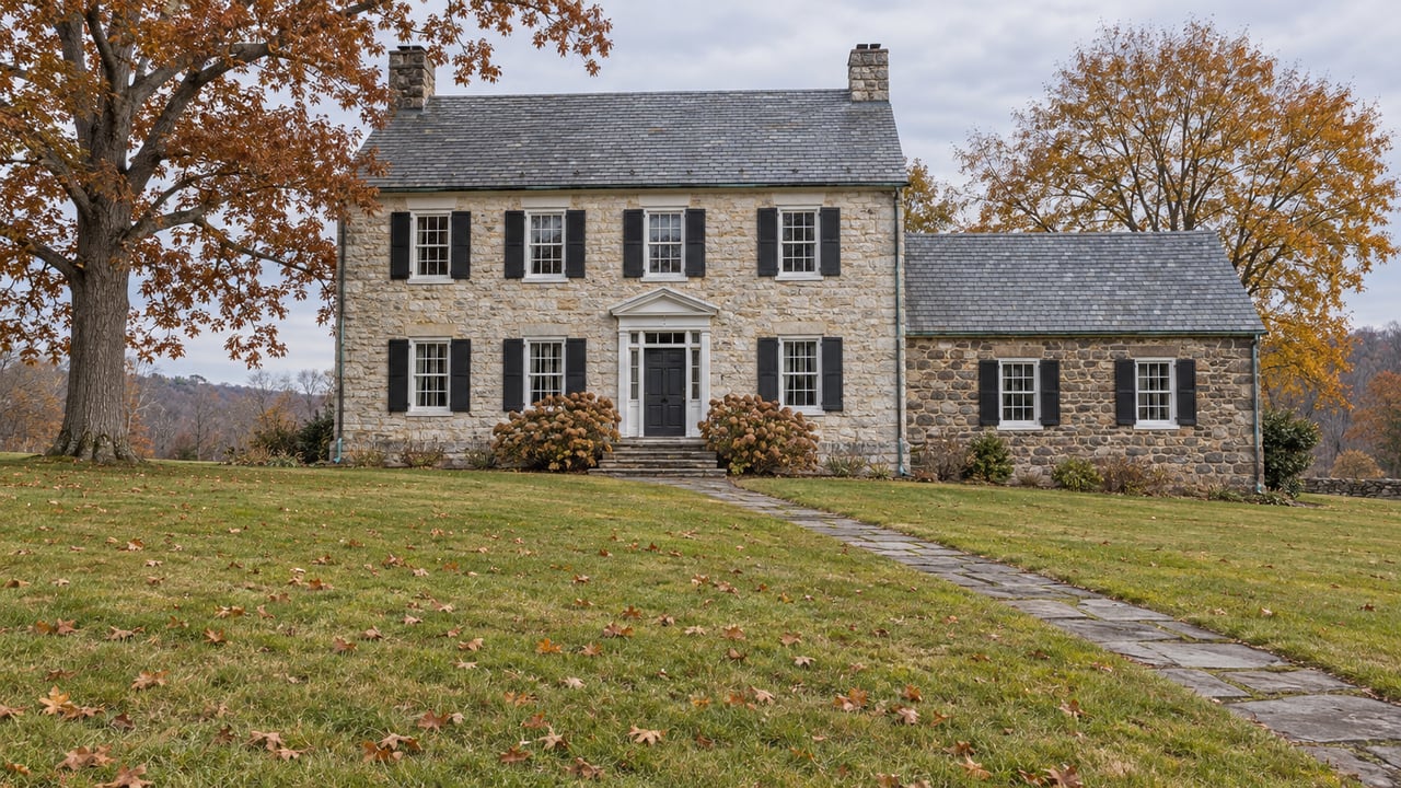 Weathered stone estate house with a slate roof, broad autumn lawn and mature deciduous trees.