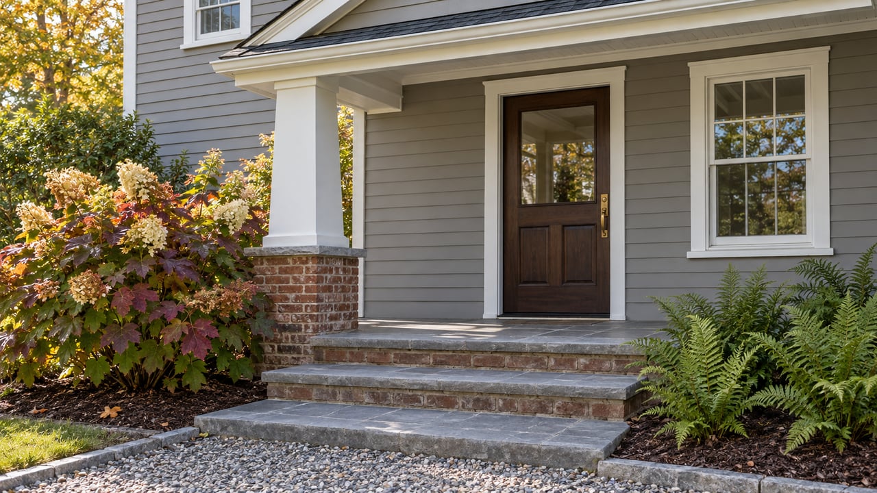A covered entry with gray clapboard siding, a wood door, bluestone steps and autumn oakleaf hydrangea.