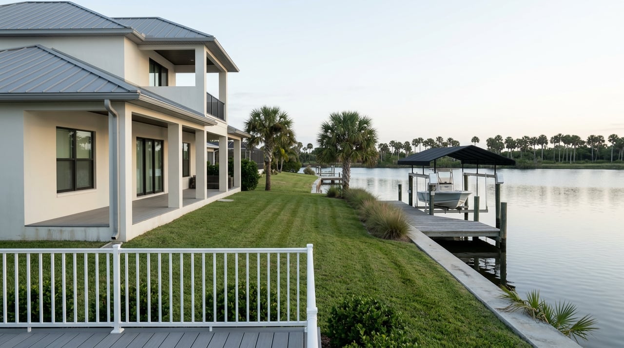 Waterfront backyard with a white stucco home, clipped lawn, private dock, and boat beneath a covered lift