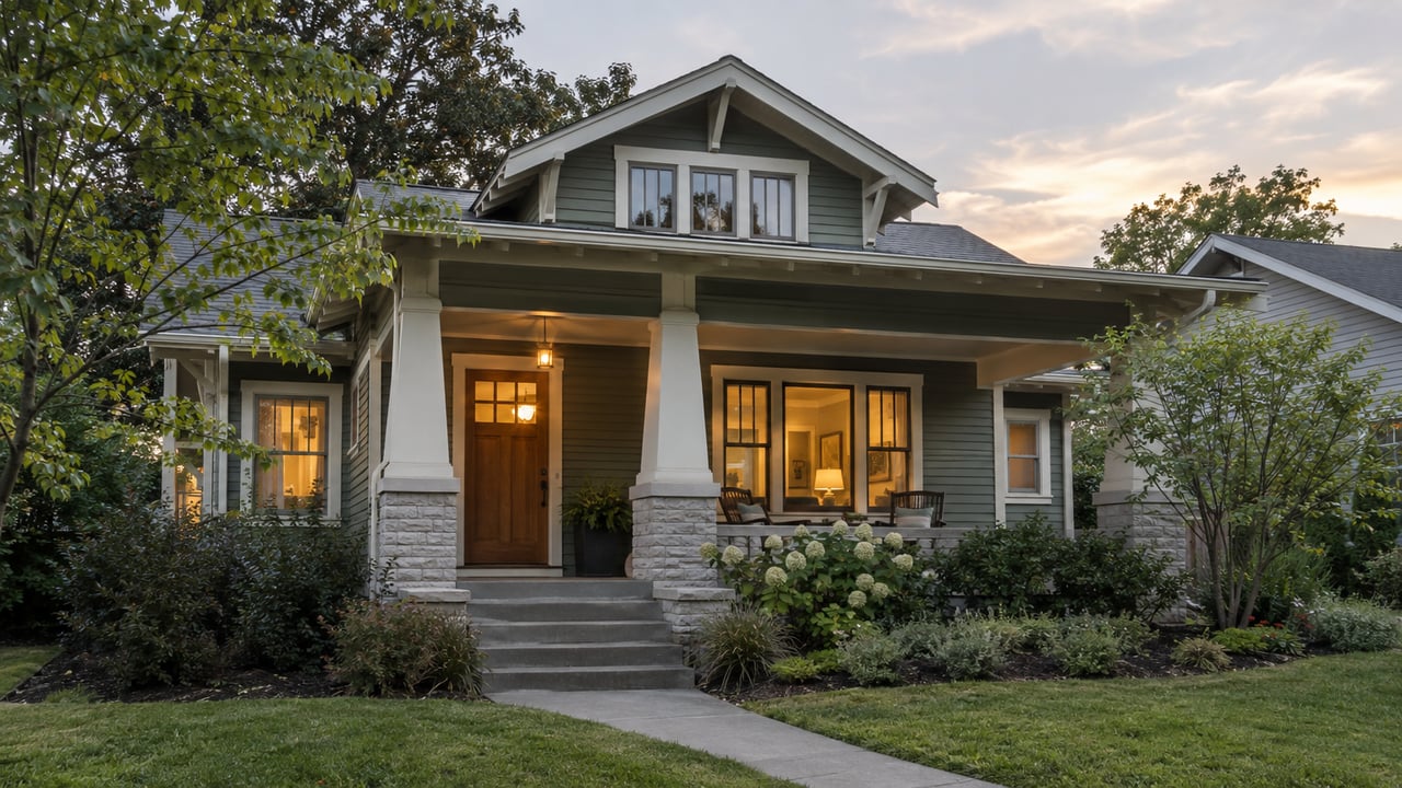 Modest Craftsman house with gray siding, a recessed wood entry, lawn, and flowering dogwood.